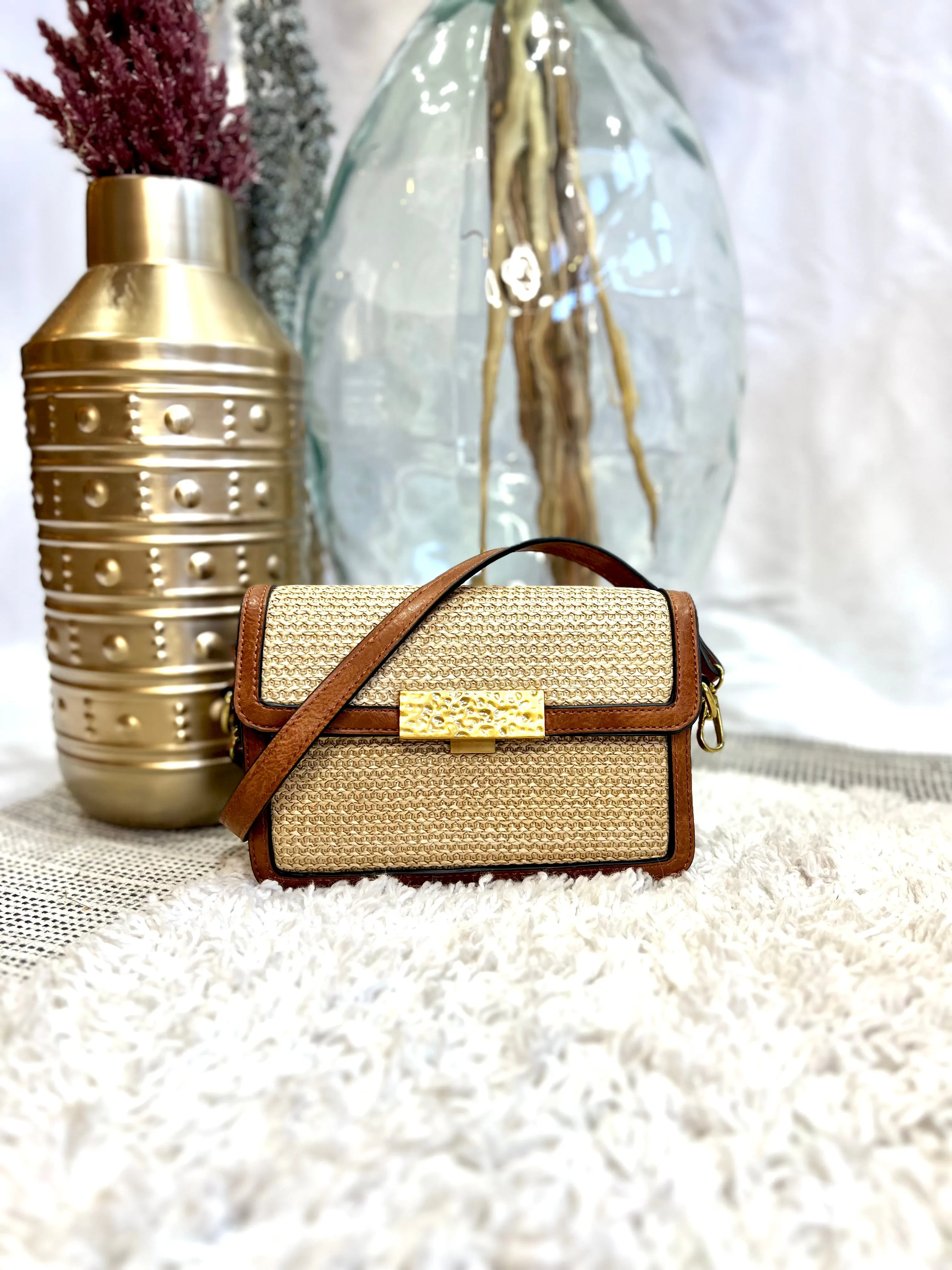 Elizabeth Straw Crossbody w/ Vegan Leather Trim & Lock Closure, Tan