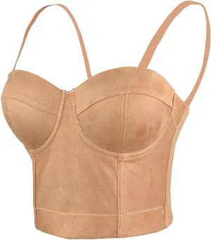 ELLACCI Faux Suede Leather Bustier Crop Top Push Up Women's Corset Top Bra Brown