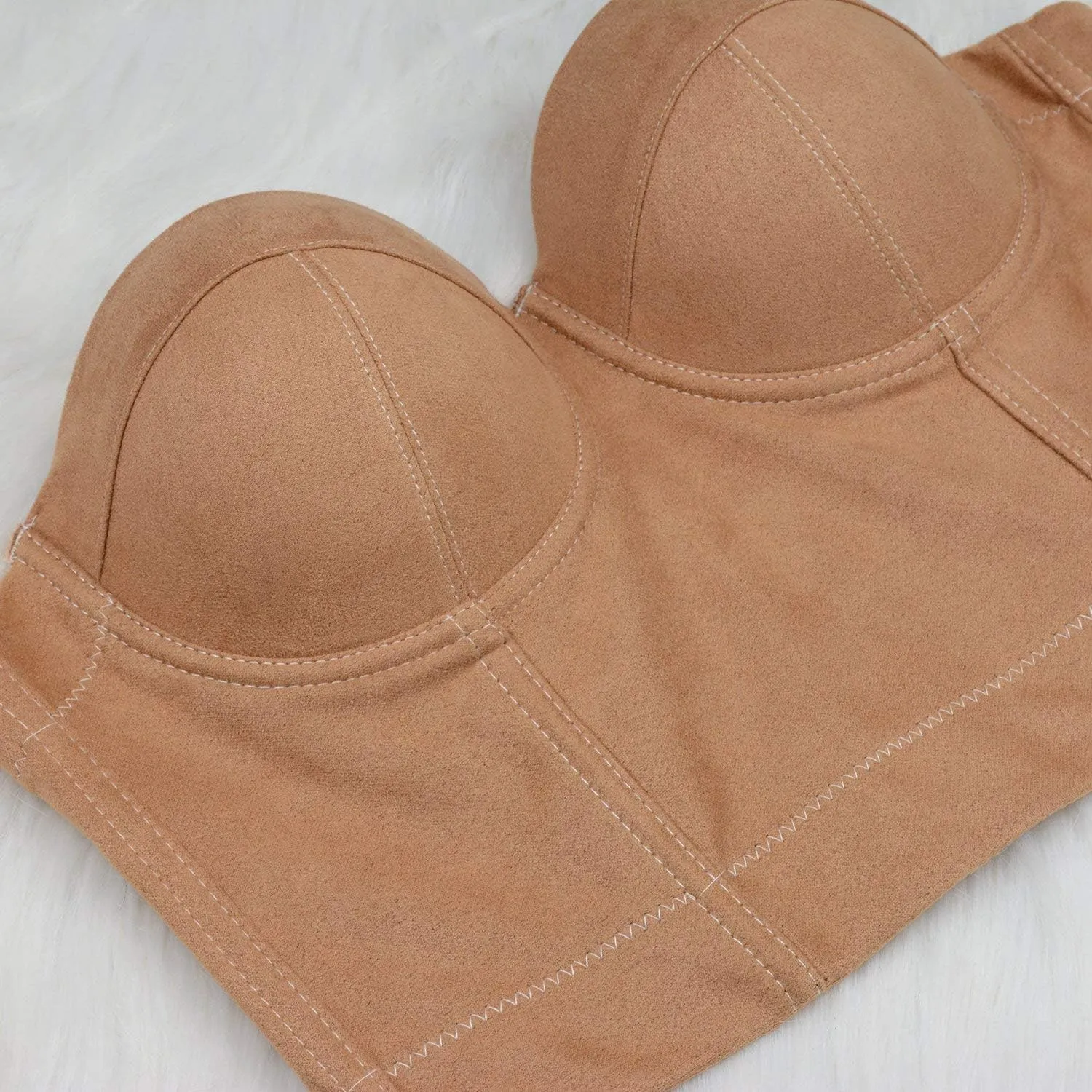 ELLACCI Faux Suede Leather Bustier Crop Top Push Up Women's Corset Top Bra Brown
