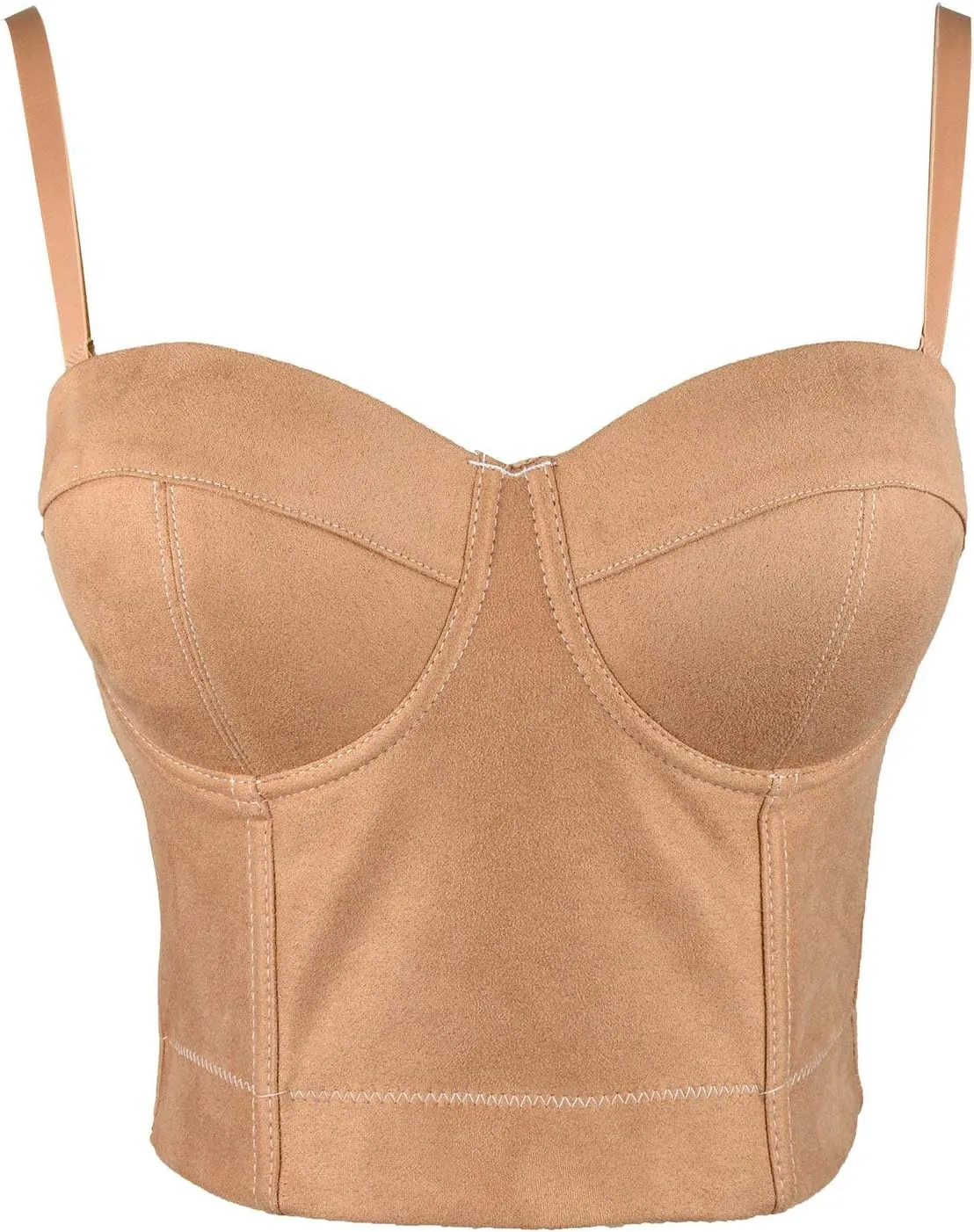 ELLACCI Faux Suede Leather Bustier Crop Top Push Up Women's Corset Top Bra Brown