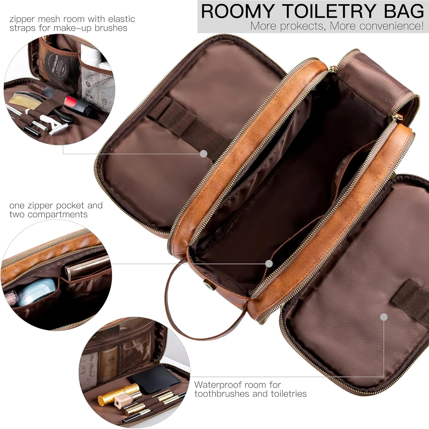 Elviros Toiletry Bag for Men, Large Travel Shaving Dopp Kit Water-resistant Bathroom Toiletries Organizer PU Leather Cosmetic Bags