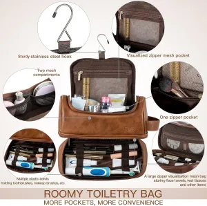 Elviros Toiletry Bag for Mens PU Leather Travel Organizer Kit with Hanging hook, Large Water-resistant Toiletries Bathroom Shaving Bags (Extra Large, Brown)