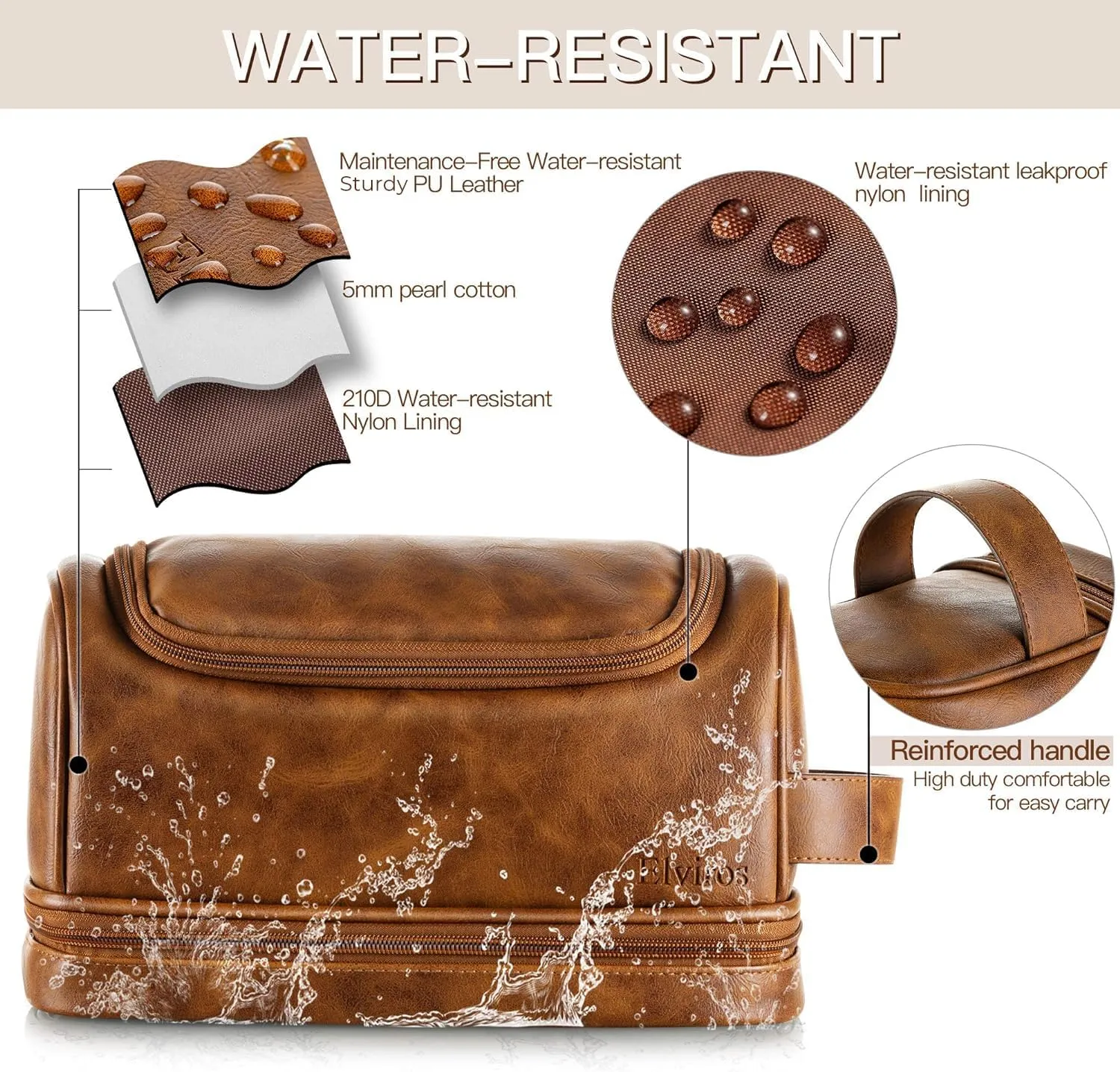 Elviros Toiletry Bag for Mens PU Leather Travel Organizer Kit with Hanging hook, Large Water-resistant Toiletries Bathroom Shaving Bags (Extra Large, Brown)