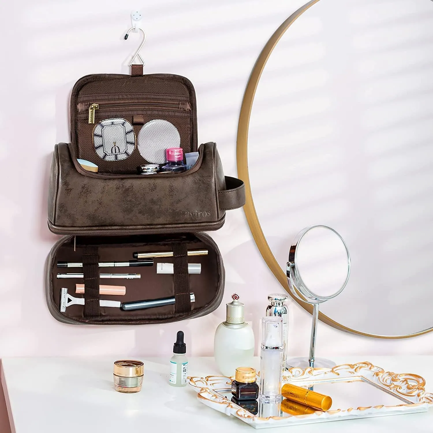 Elviros Toiletry Bag for Mens PU Leather Travel Organizer Kit with Hanging hook, Large Water-resistant Toiletries Bathroom Shaving Bags (Extra Large, Coffee)
