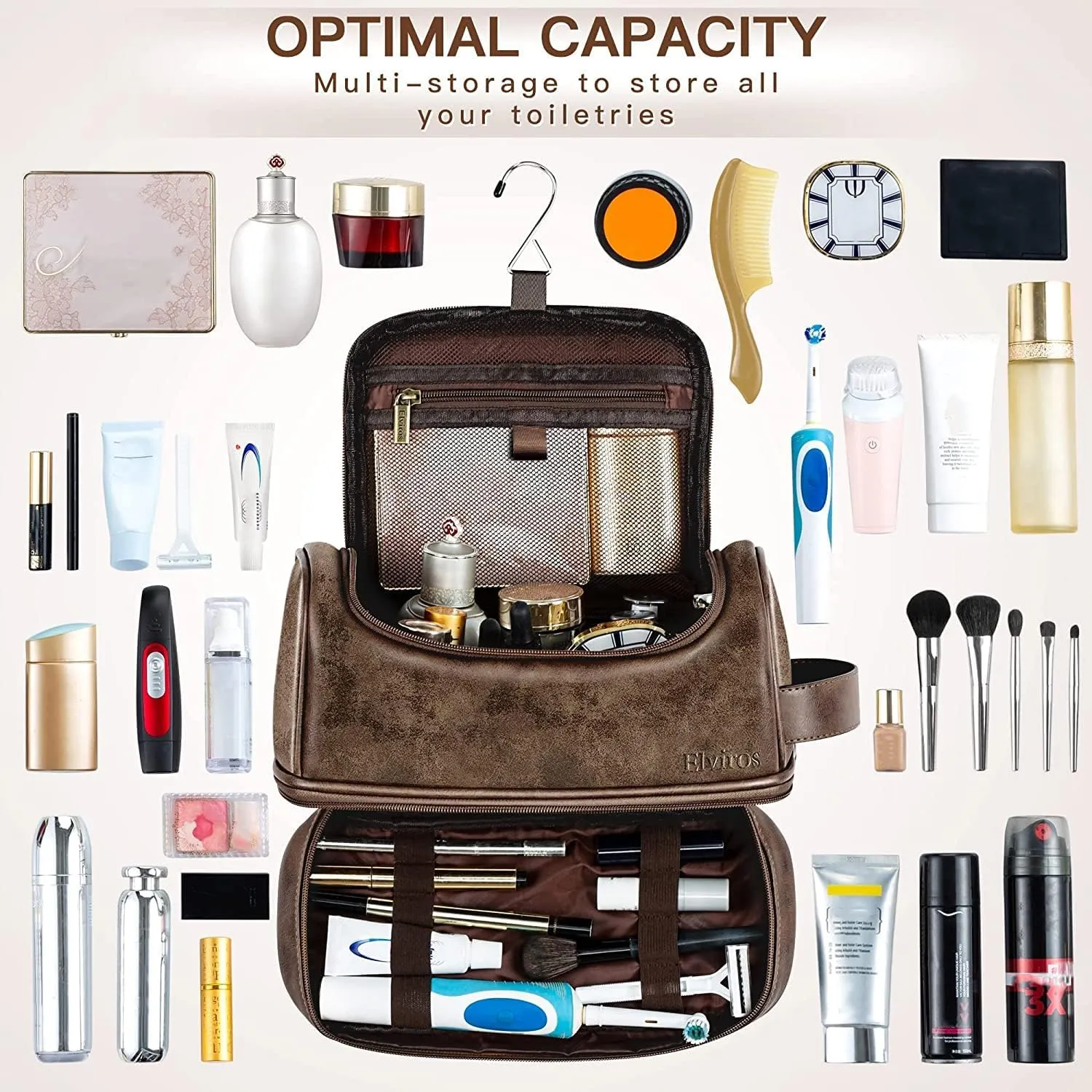Elviros Toiletry Bag for Mens PU Leather Travel Organizer Kit with Hanging hook, Large Water-resistant Toiletries Bathroom Shaving Bags (Extra Large, Coffee)