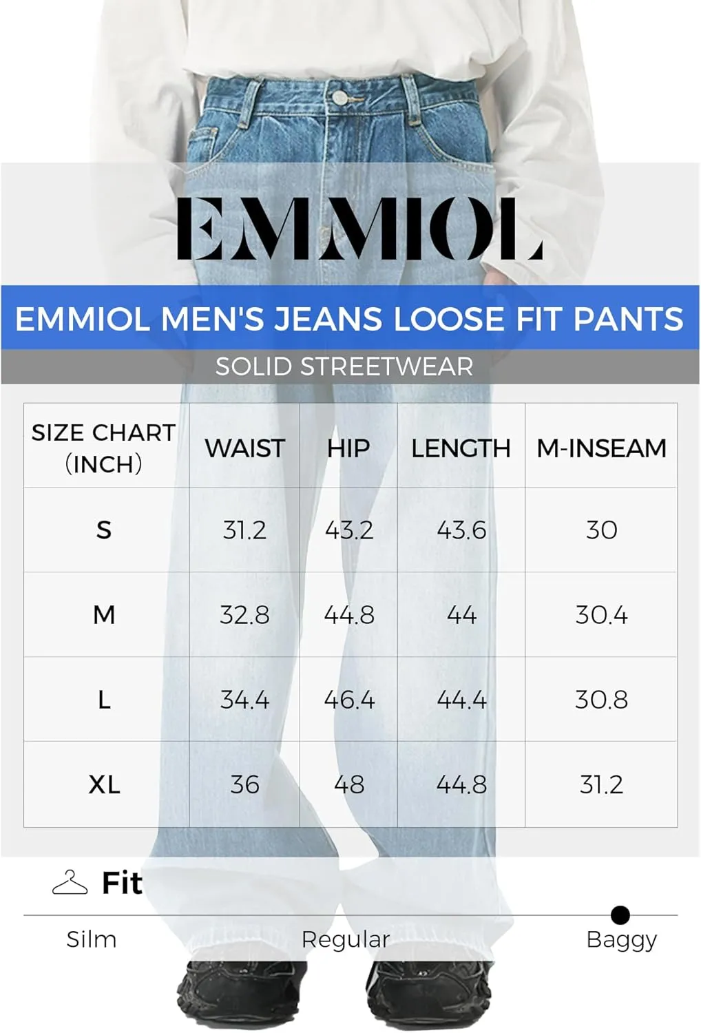 EMMIOL Mens Baggy Hip Hop Jeans Y2K 90s Vintage Trousers Solid Loose Fit Denim Pants Streetwear