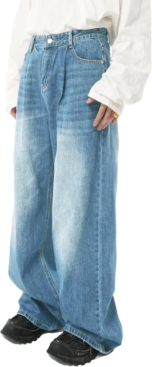EMMIOL Mens Baggy Hip Hop Jeans Y2K 90s Vintage Trousers Solid Loose Fit Denim Pants Streetwear