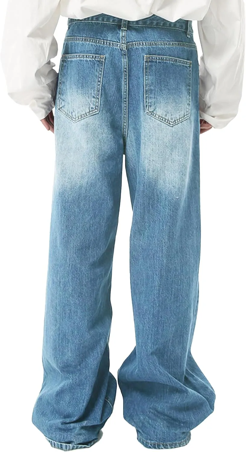 EMMIOL Mens Baggy Hip Hop Jeans Y2K 90s Vintage Trousers Solid Loose Fit Denim Pants Streetwear