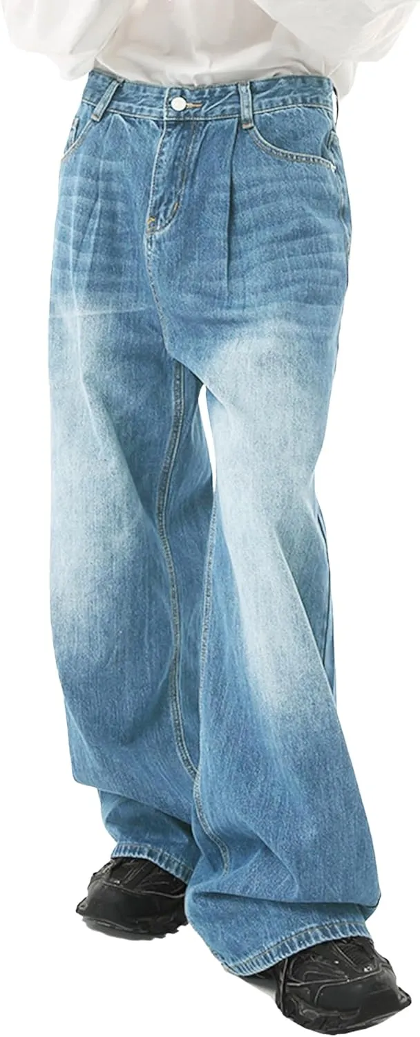 EMMIOL Mens Baggy Hip Hop Jeans Y2K 90s Vintage Trousers Solid Loose Fit Denim Pants Streetwear