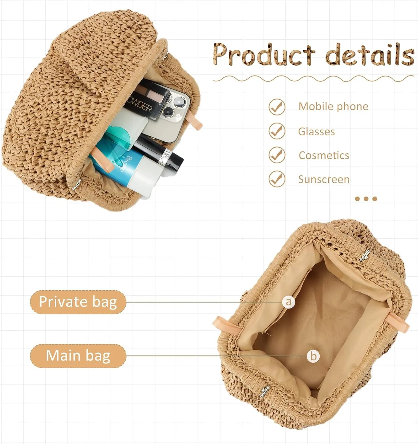 Emprier Straw Clutch Purse for Women Cloud Dumpling Pouch Straw Crossbody Shoulder Handbag Summer Beach Woven Bag