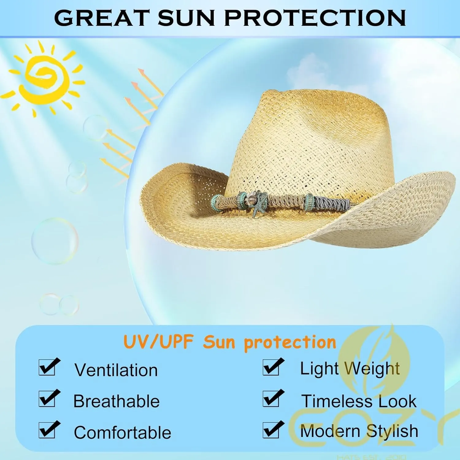 EOZY Men & Women's Summer Cowboy Cowgirl Straw Hat Hollow Out Woven Roll Up Wide Brim Hat