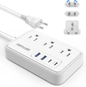 European Travel Adapter - US to UK/EU Power Strip with 3 AC Outlets, 4 USB (2 PD 20W) and Type G/C/A/I Plugs for EU/UK/US/AU - 2.7ft