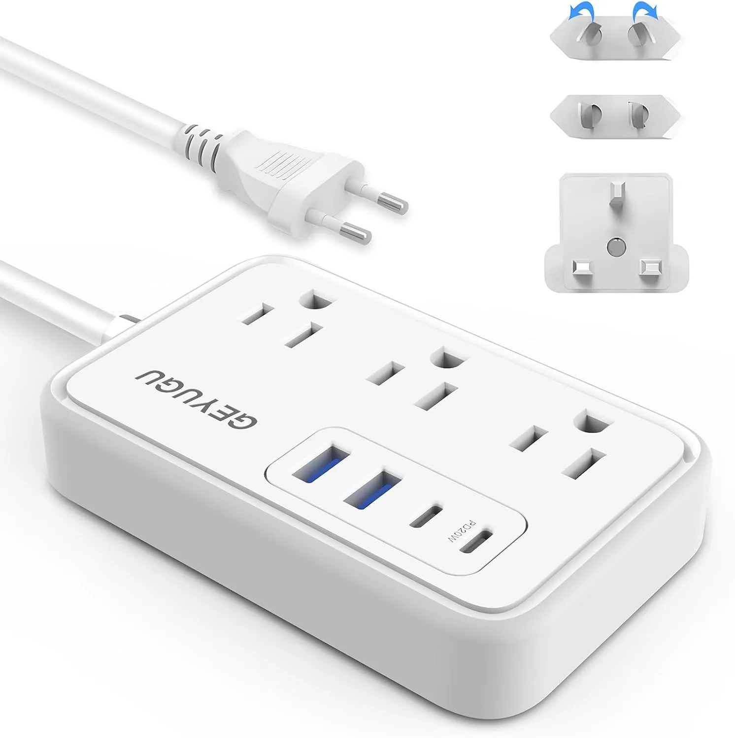 European Travel Adapter - US to UK/EU Power Strip with 3 AC Outlets, 4 USB (2 PD 20W) and Type G/C/A/I Plugs for EU/UK/US/AU - 2.7ft