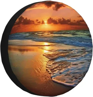 Evening Beach Sea Water Tire Cover Outdoor Waterproof Snow Sun Rain Wheel Cover Portable Wheel Bags Camper Spare Tire Cover Universal Car Tire Protectors for Trailer RV SUV