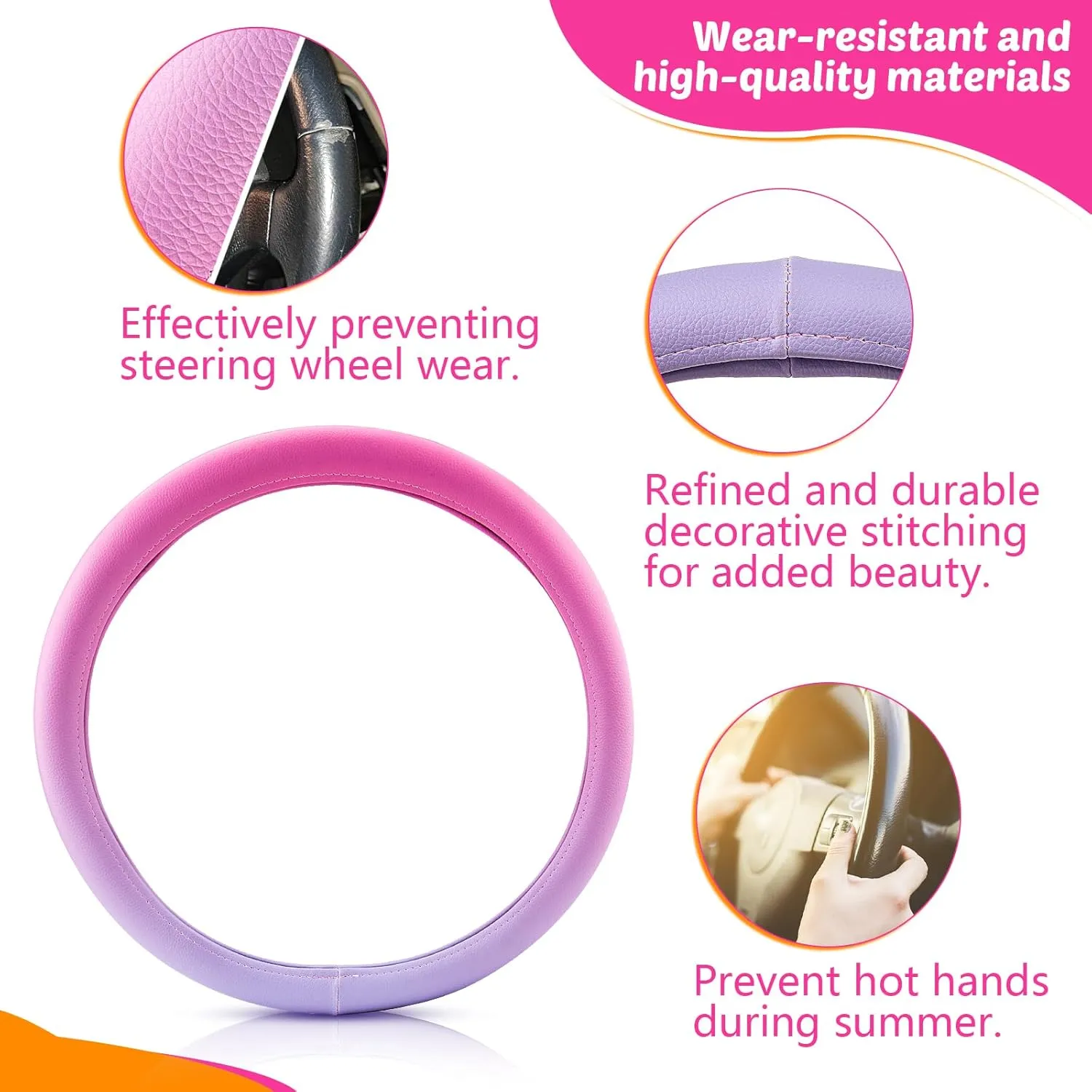 Evevik Leather Steering Wheel Cover Pink Cute Women Men Girly Cool Car Accessories，Soft&Warm ，Non-Slip and Comfortable，Universal car Steering Wheel Cover 14.5-15inch