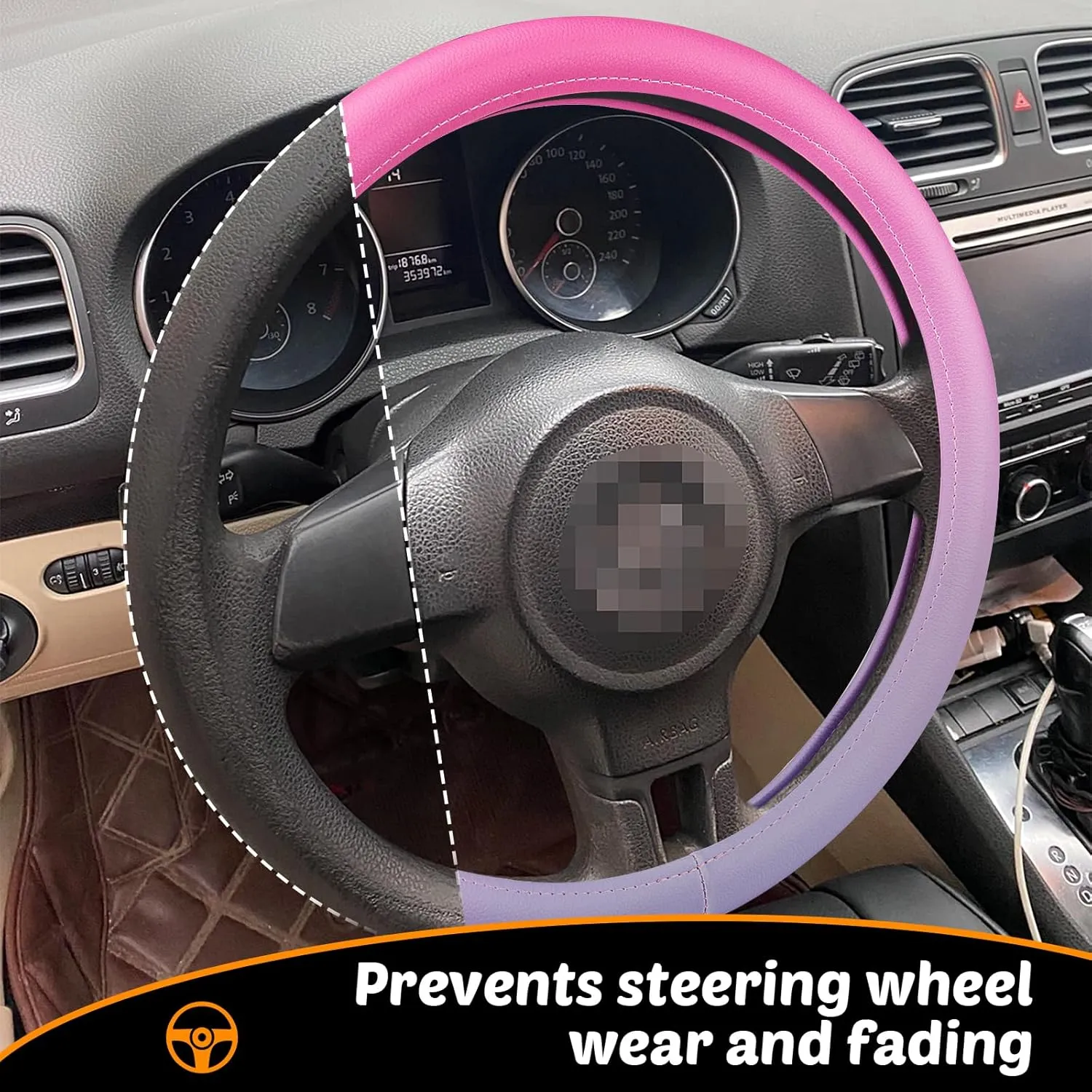 Evevik Leather Steering Wheel Cover Pink Cute Women Men Girly Cool Car Accessories，Soft&Warm ，Non-Slip and Comfortable，Universal car Steering Wheel Cover 14.5-15inch