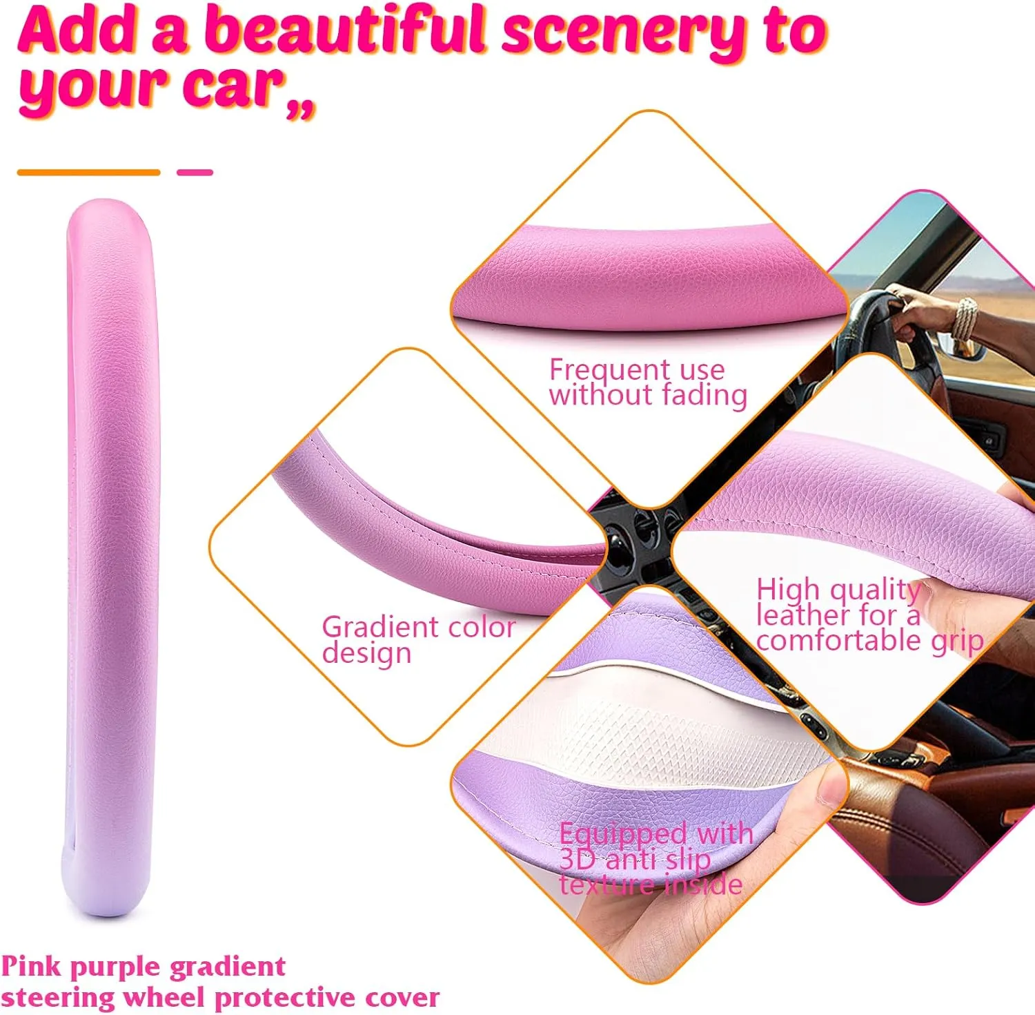Evevik Leather Steering Wheel Cover Pink Cute Women Men Girly Cool Car Accessories，Soft&Warm ，Non-Slip and Comfortable，Universal car Steering Wheel Cover 14.5-15inch