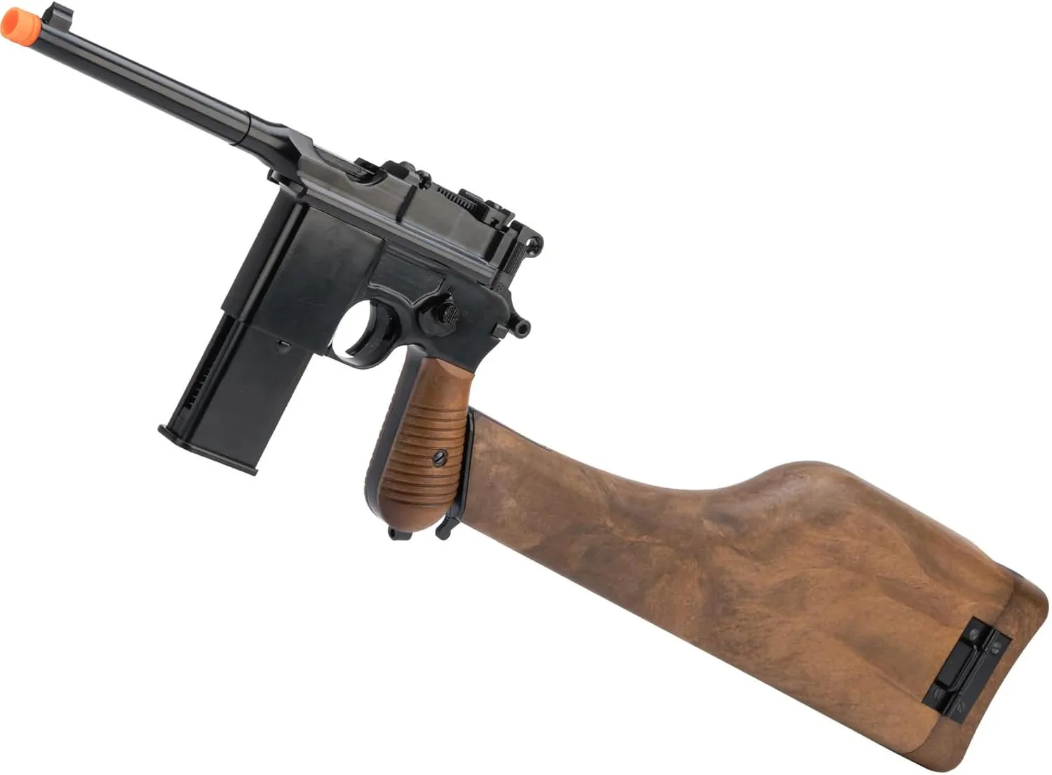 Evike Airsoft - WE WWII Mauser Broom Handle WE712 Gas Blowback GBB Airsoft Pistol (Model: Faux Wood Holster Stock)