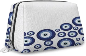 Evil Eye Pattern,Large Capacity Travel Leather Cosmetic Bag,Evil Eye,Multifunctional Storage Makeup Bag for Women,Blue White,S