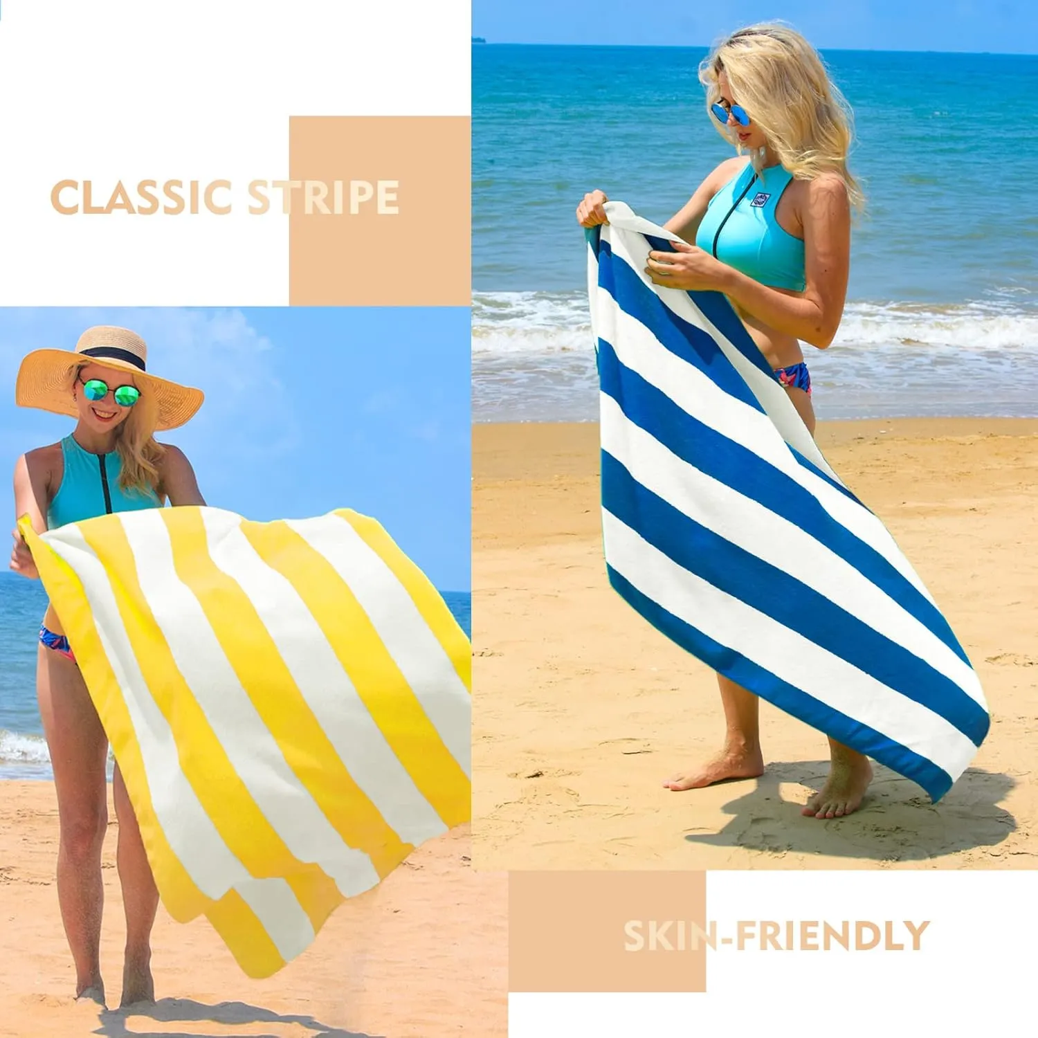 Exclusivo Mezcla Cotton Oversized 35x70 Inches Cabana Stripe Beach Towel, Super Absorbent Soft Plush Pool Bath Towel (Ocean Blue)