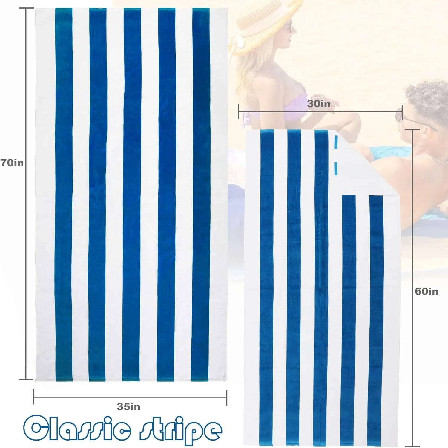 Exclusivo Mezcla Cotton Oversized 35x70 Inches Cabana Stripe Beach Towel, Super Absorbent Soft Plush Pool Bath Towel (Ocean Blue)
