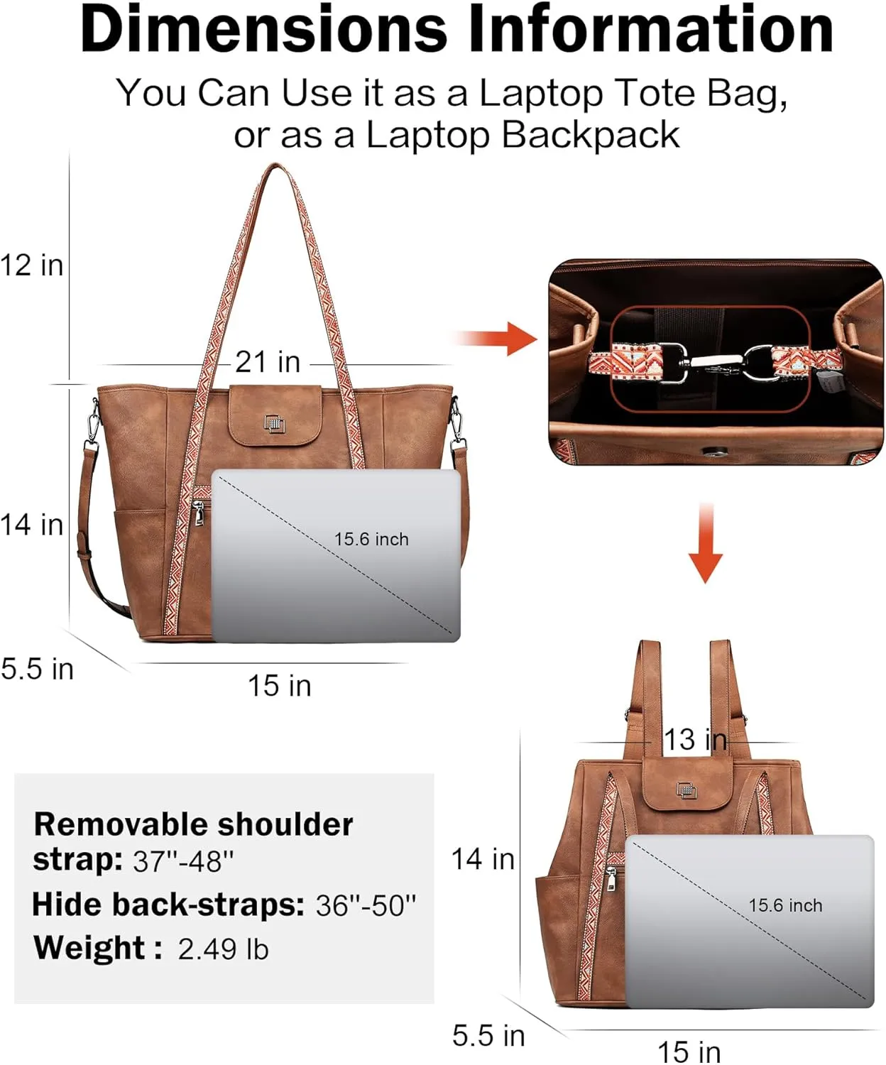 FADEON Large Laptop Tote Bag for Women Designer Leather Laptop Bag Fashion Travel Backpack Purse Shoulder Handbag