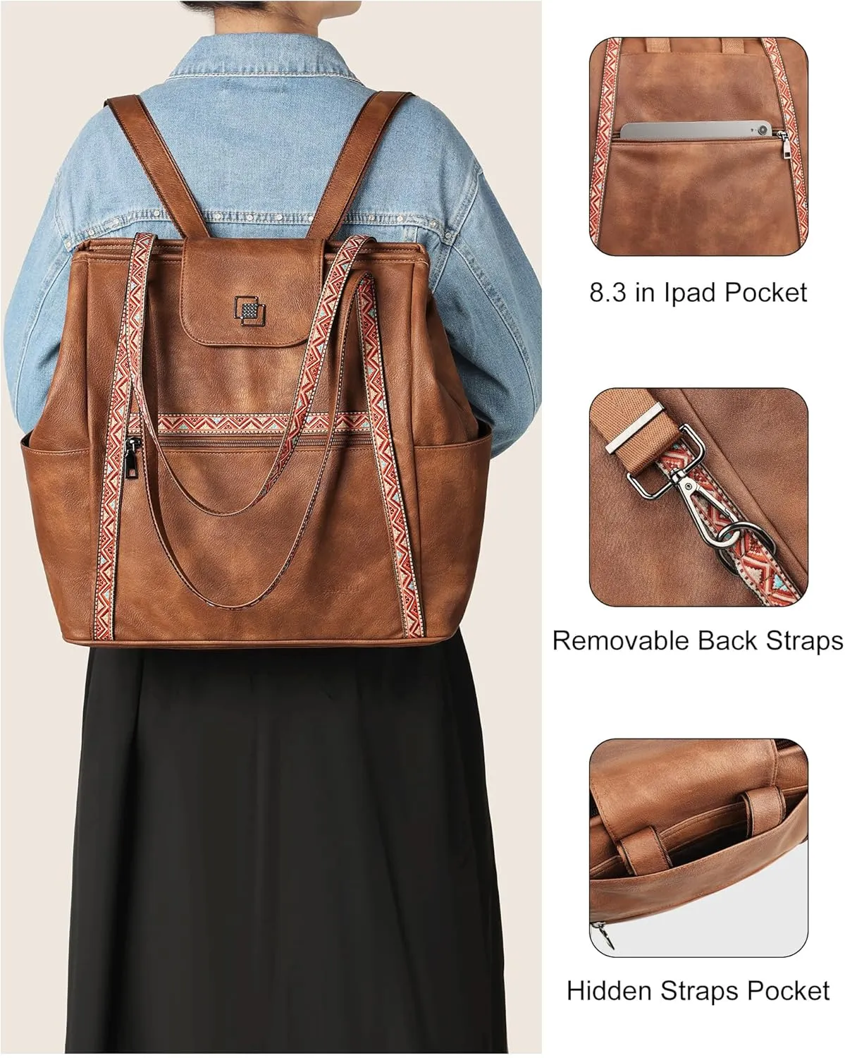 FADEON Large Laptop Tote Bag for Women Designer Leather Laptop Bag Fashion Travel Backpack Purse Shoulder Handbag