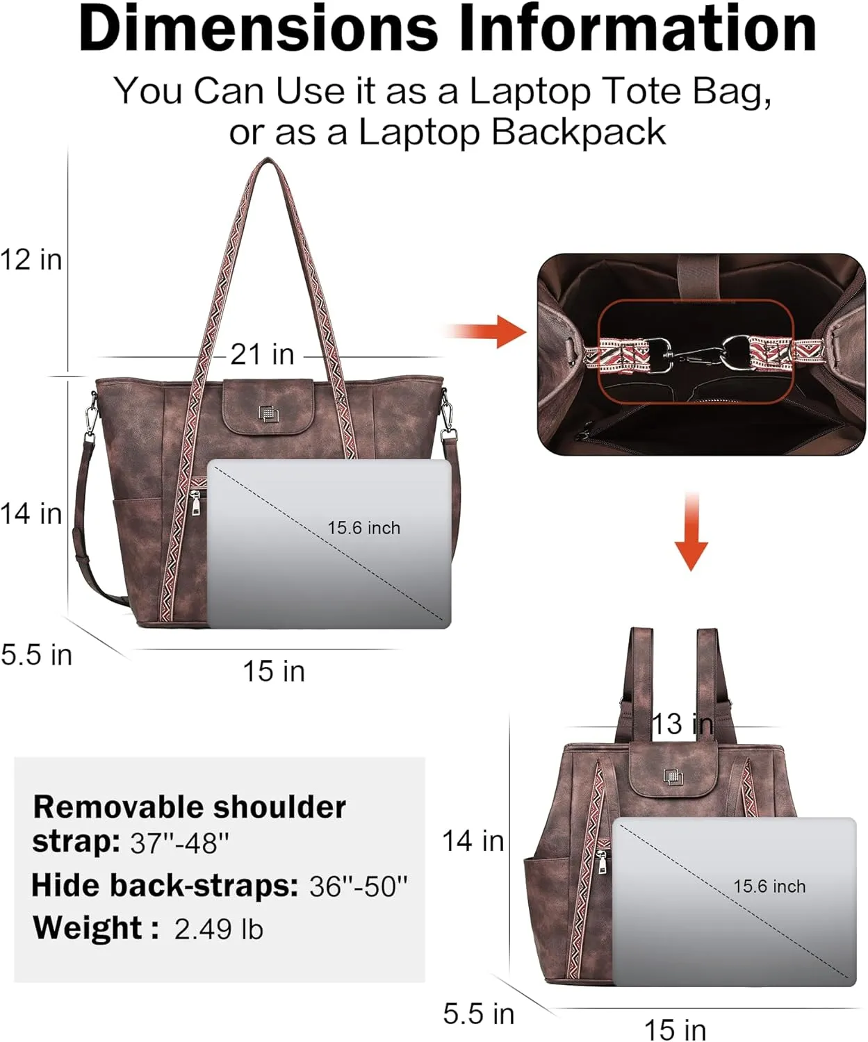 FADEON Large Laptop Tote Bag for Women Designer Leather Laptop Bag Fashion Travel Backpack Purse Shoulder Handbag