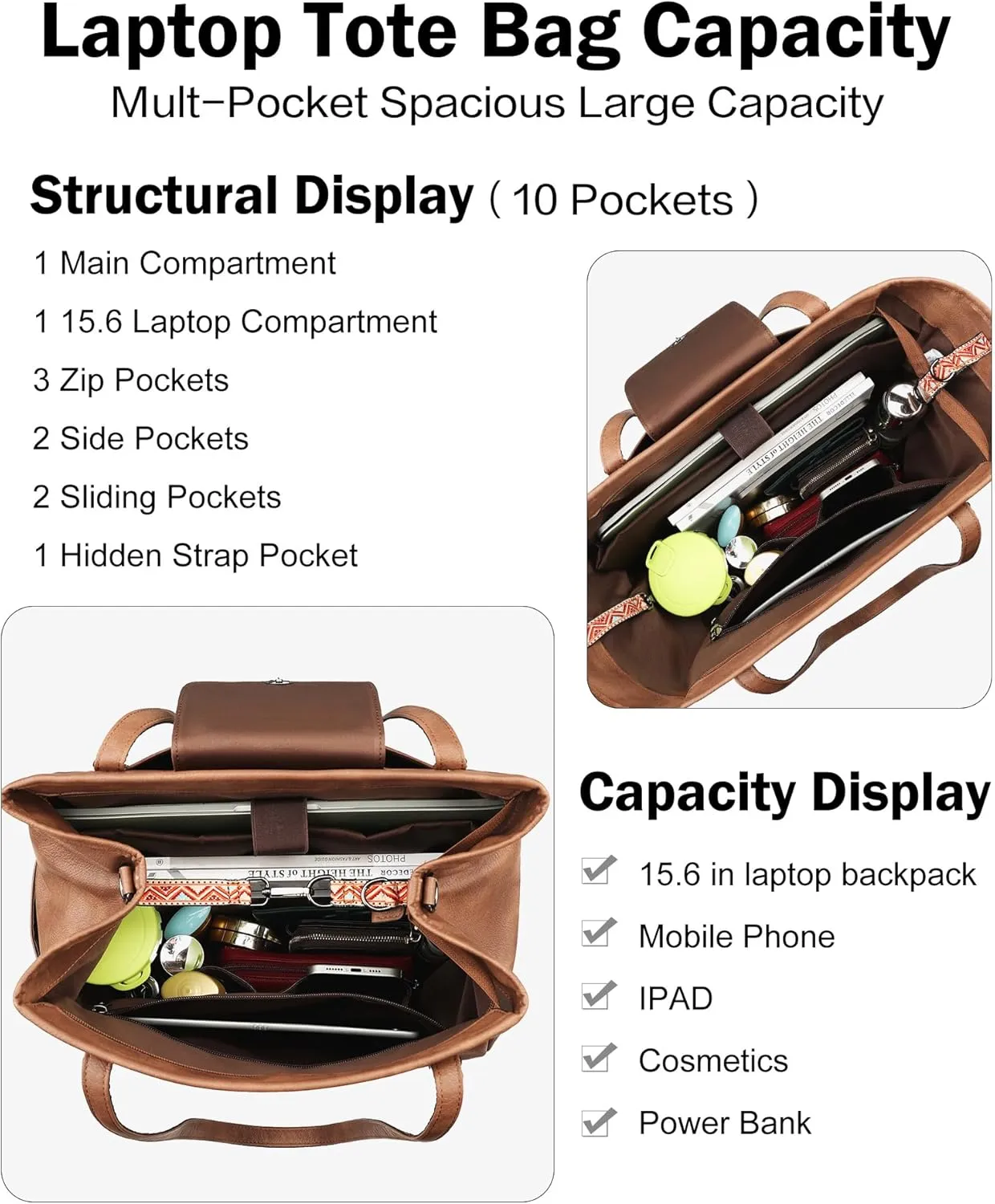 FADEON Large Laptop Tote Bag for Women Designer Leather Laptop Bag Fashion Travel Backpack Purse Shoulder Handbag