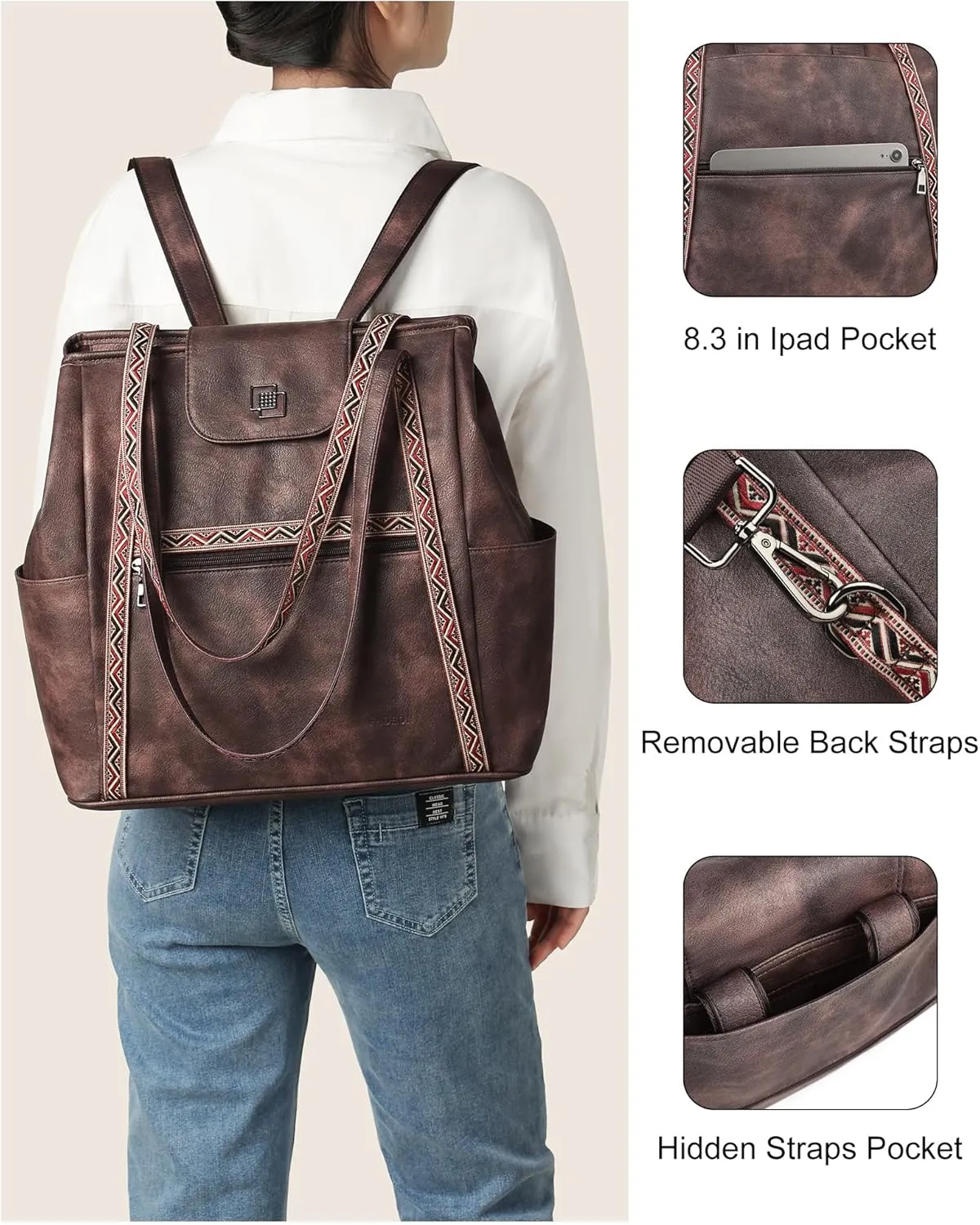 FADEON Large Laptop Tote Bag for Women Designer Leather Laptop Bag Fashion Travel Backpack Purse Shoulder Handbag