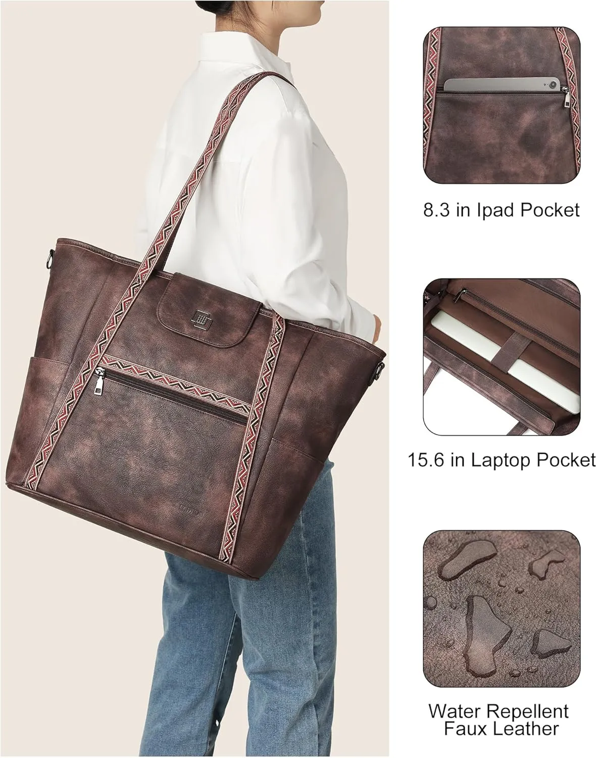 FADEON Large Laptop Tote Bag for Women Designer Leather Laptop Bag Fashion Travel Backpack Purse Shoulder Handbag