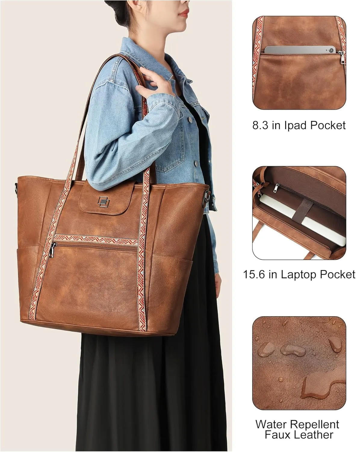 FADEON Large Laptop Tote Bag for Women Designer Leather Laptop Bag Fashion Travel Backpack Purse Shoulder Handbag