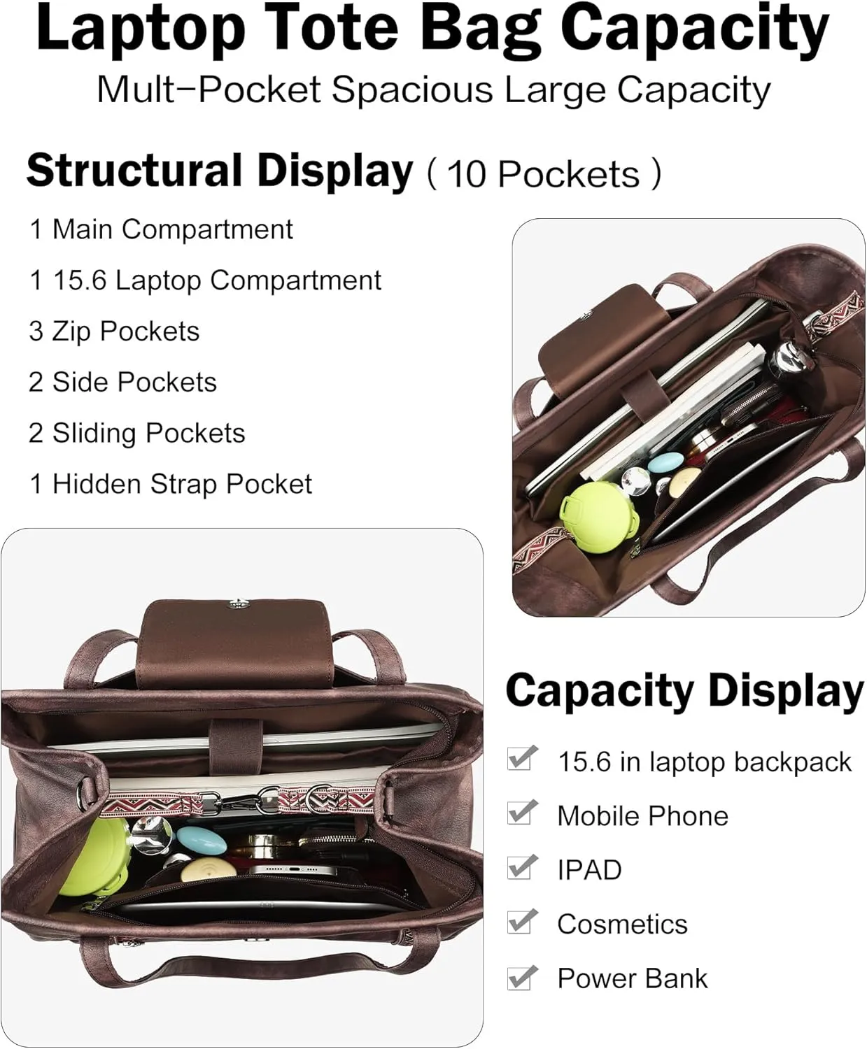 FADEON Large Laptop Tote Bag for Women Designer Leather Laptop Bag Fashion Travel Backpack Purse Shoulder Handbag