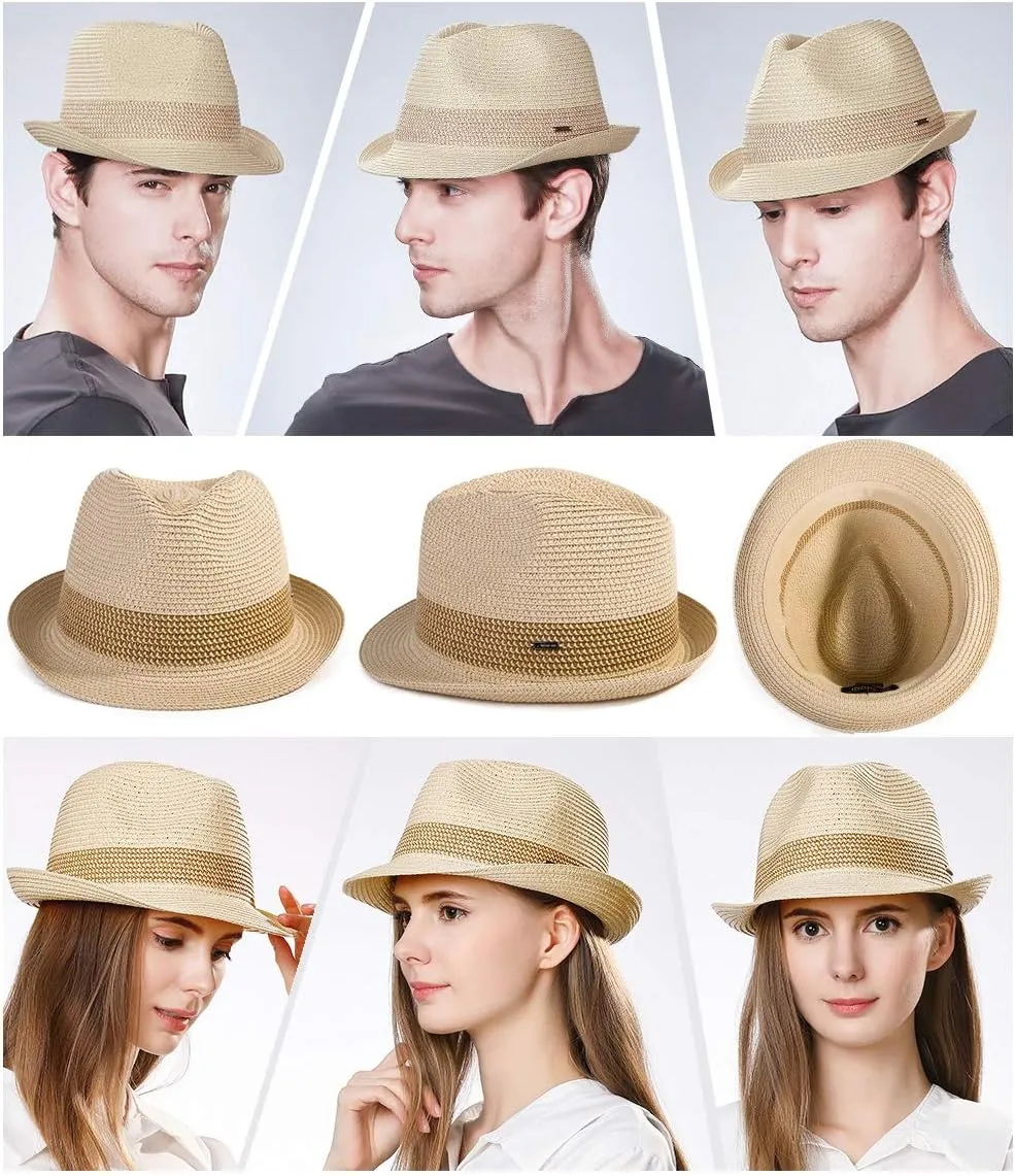 Fancet Packable Straw Fedora Panama Sun Summer Beach Hat Cuban Trilby Men Women 56-67cm
