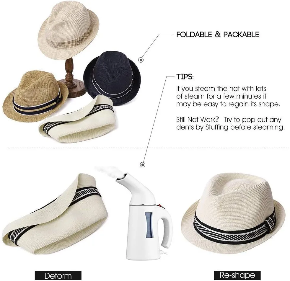Fancet Packable Straw Fedora Panama Sun Summer Beach Hat Cuban Trilby Men Women 56-67cm