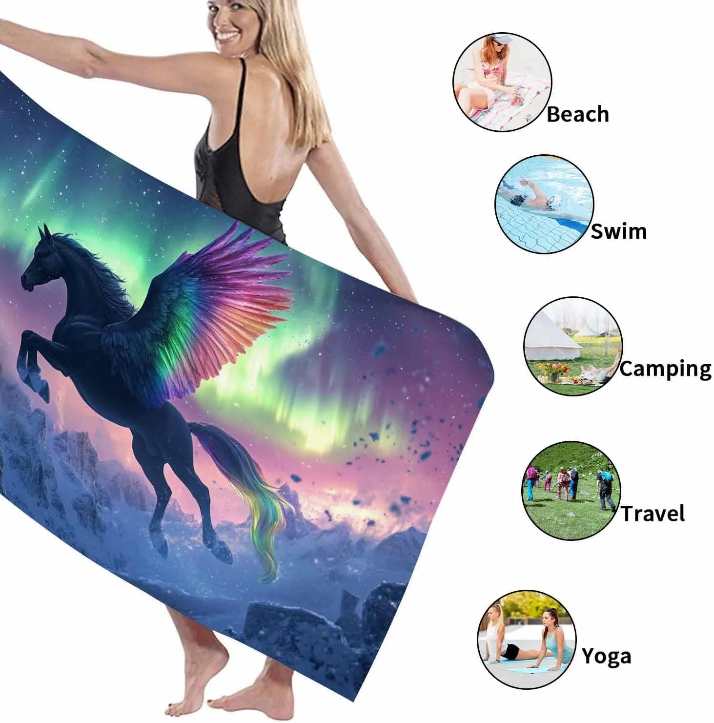 Fanciful Pegasus Microfiber Beach Towel Black Winged Horse, Quick Dry Absorbent Sand Free Lightweight Beach Blanket, Vibrant Outdoor Travel Picnic Essentials 62x31 Inch