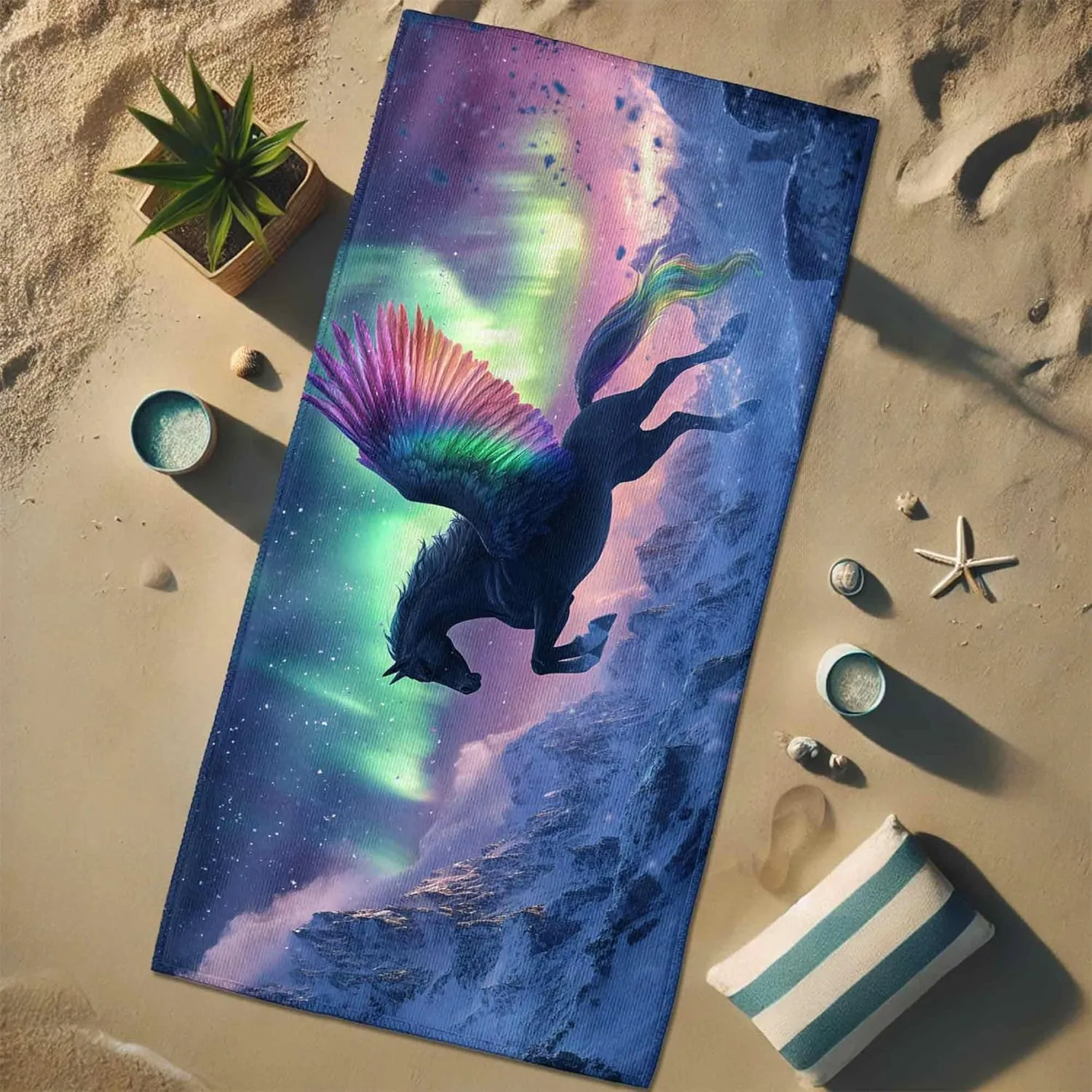 Fanciful Pegasus Microfiber Beach Towel Black Winged Horse, Quick Dry Absorbent Sand Free Lightweight Beach Blanket, Vibrant Outdoor Travel Picnic Essentials 62x31 Inch