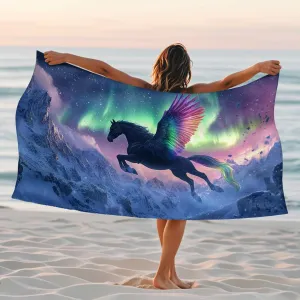 Fanciful Pegasus Microfiber Beach Towel Black Winged Horse, Quick Dry Absorbent Sand Free Lightweight Beach Blanket, Vibrant Outdoor Travel Picnic Essentials 62x31 Inch