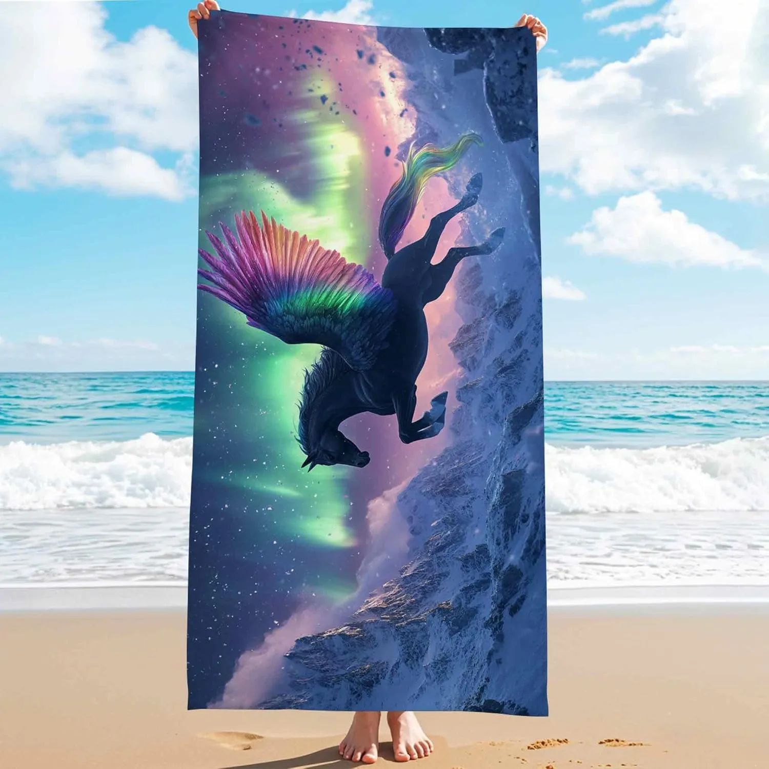 Fanciful Pegasus Microfiber Beach Towel Black Winged Horse, Quick Dry Absorbent Sand Free Lightweight Beach Blanket, Vibrant Outdoor Travel Picnic Essentials 62x31 Inch