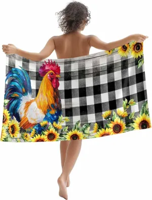 Farm Sunflower Rooster Beach Towels Microfiber Sand Free Quick Dry Travel Towels Soft Absorbent Lightweight Chicken on Black White Check Beach Towel for Men Women Swimming Pool,Vacation,30X60IN
