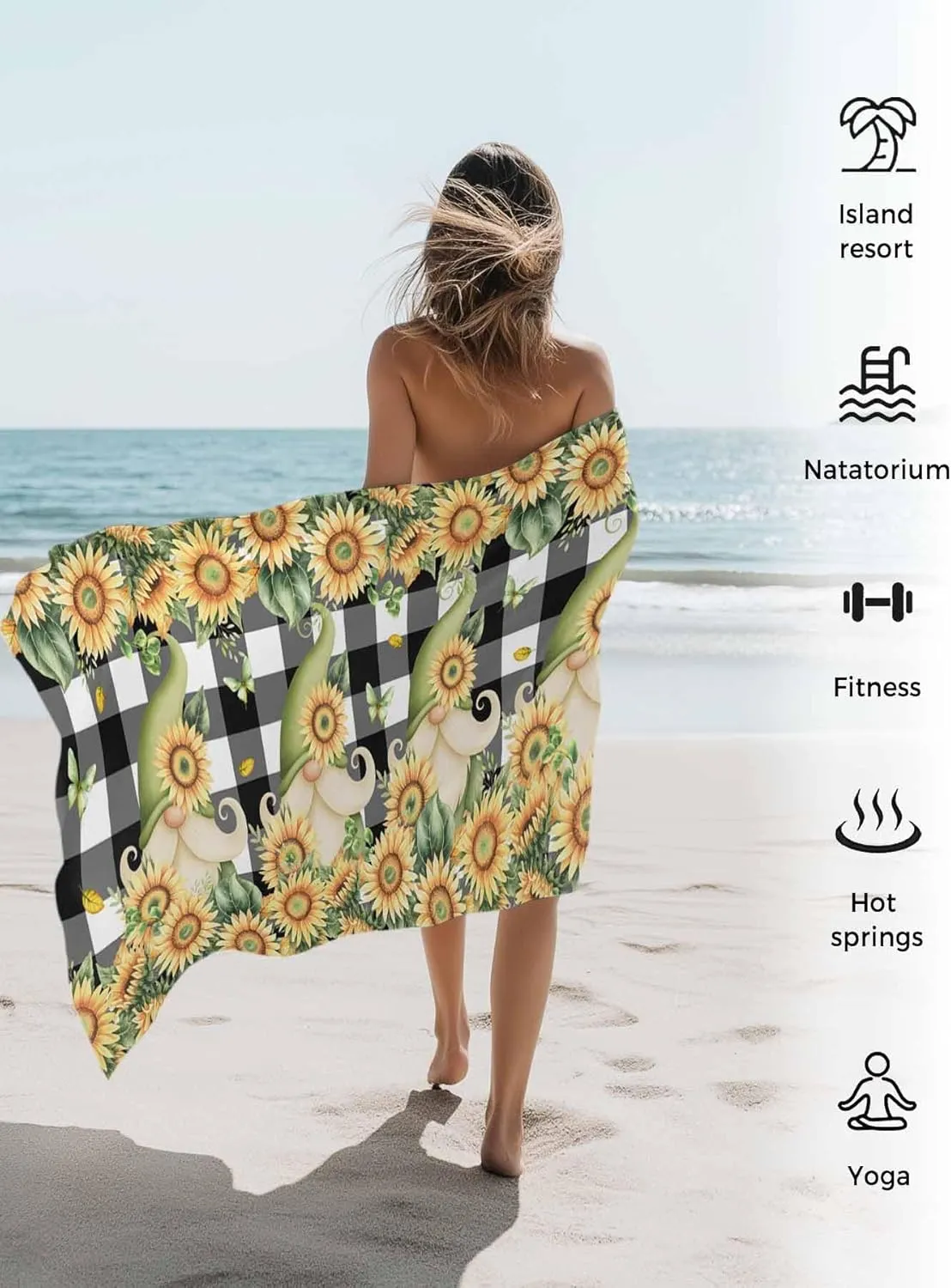 Farm Sunflowers Gnomes Beach Towels Microfiber Sand Free Quick Dry Travel Towels Soft Absorbent Lightweight Country Floral on Black Check Beach Towel for Men Women Swimming Pool,Vacation,30X60IN