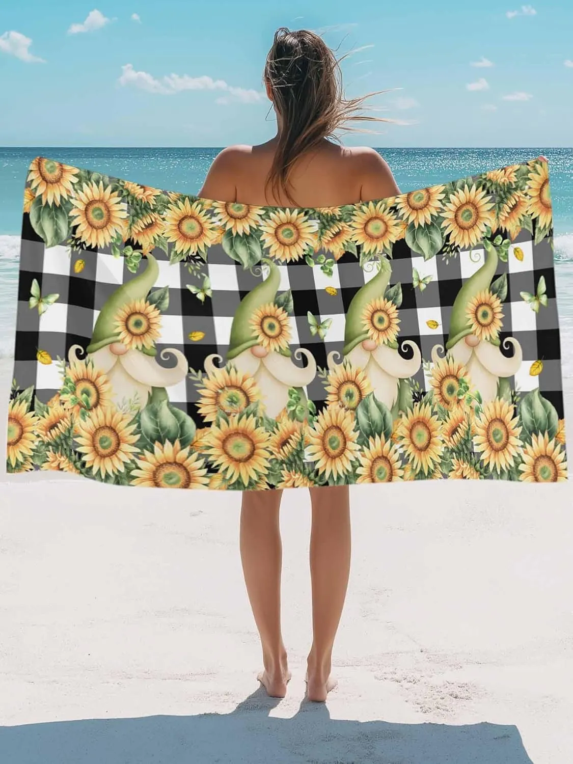Farm Sunflowers Gnomes Beach Towels Microfiber Sand Free Quick Dry Travel Towels Soft Absorbent Lightweight Country Floral on Black Check Beach Towel for Men Women Swimming Pool,Vacation,30X60IN