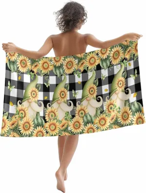 Farm Sunflowers Gnomes Beach Towels Microfiber Sand Free Quick Dry Travel Towels Soft Absorbent Lightweight Country Floral on Black Check Beach Towel for Men Women Swimming Pool,Vacation,30X60IN