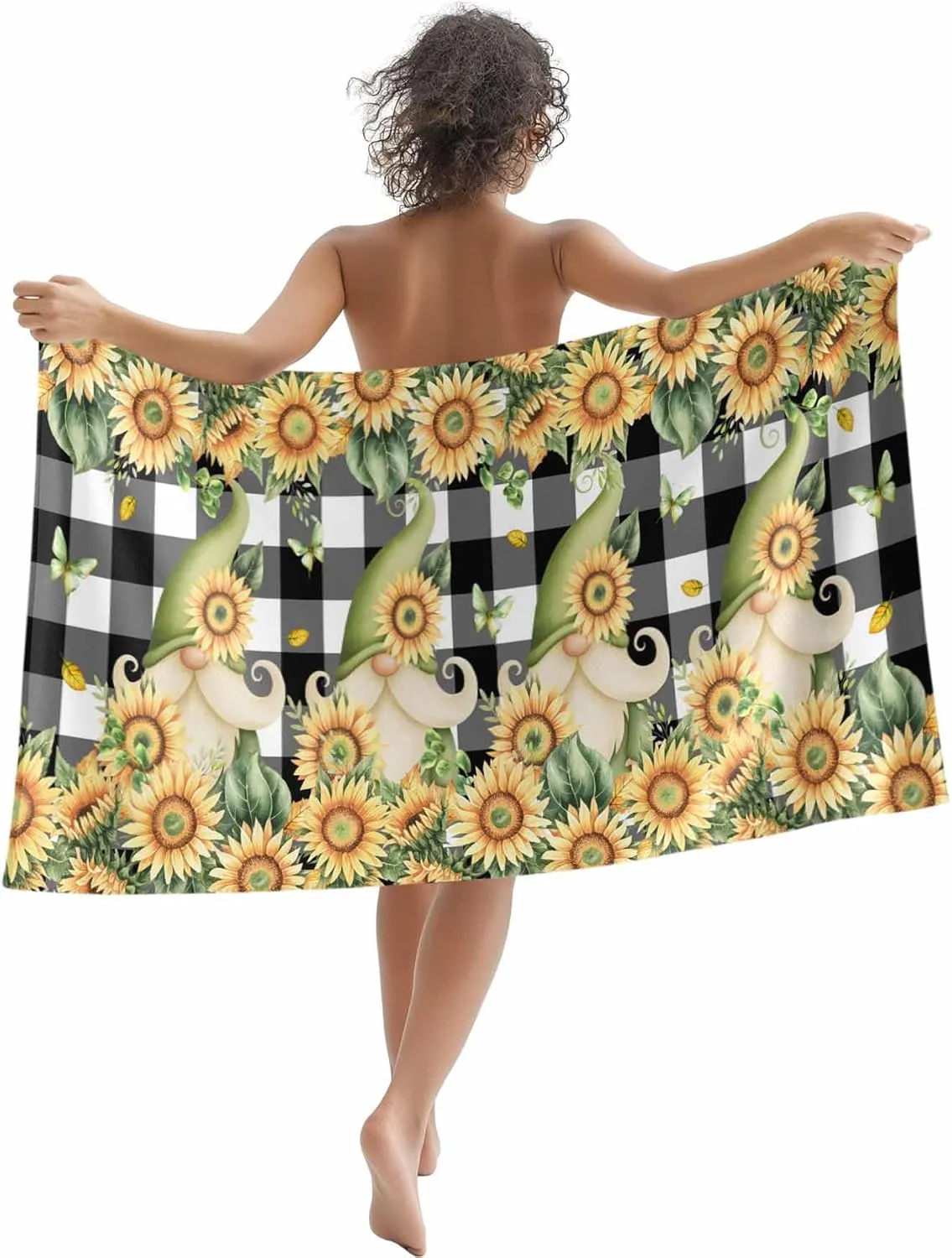 Farm Sunflowers Gnomes Beach Towels Microfiber Sand Free Quick Dry Travel Towels Soft Absorbent Lightweight Country Floral on Black Check Beach Towel for Men Women Swimming Pool,Vacation,30X60IN