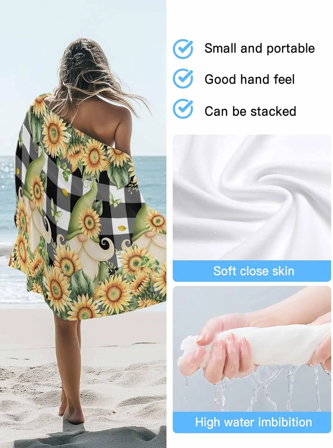 Farm Sunflowers Gnomes Beach Towels Microfiber Sand Free Quick Dry Travel Towels Soft Absorbent Lightweight Country Floral on Black Check Beach Towel for Men Women Swimming Pool,Vacation,30X60IN