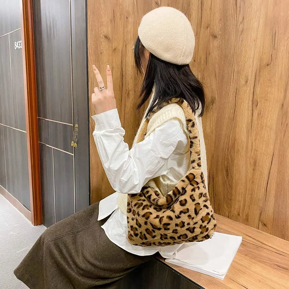 Fashion Animal Pattern Shoulder Underarm Bag Women Plush Top-handle Handbag