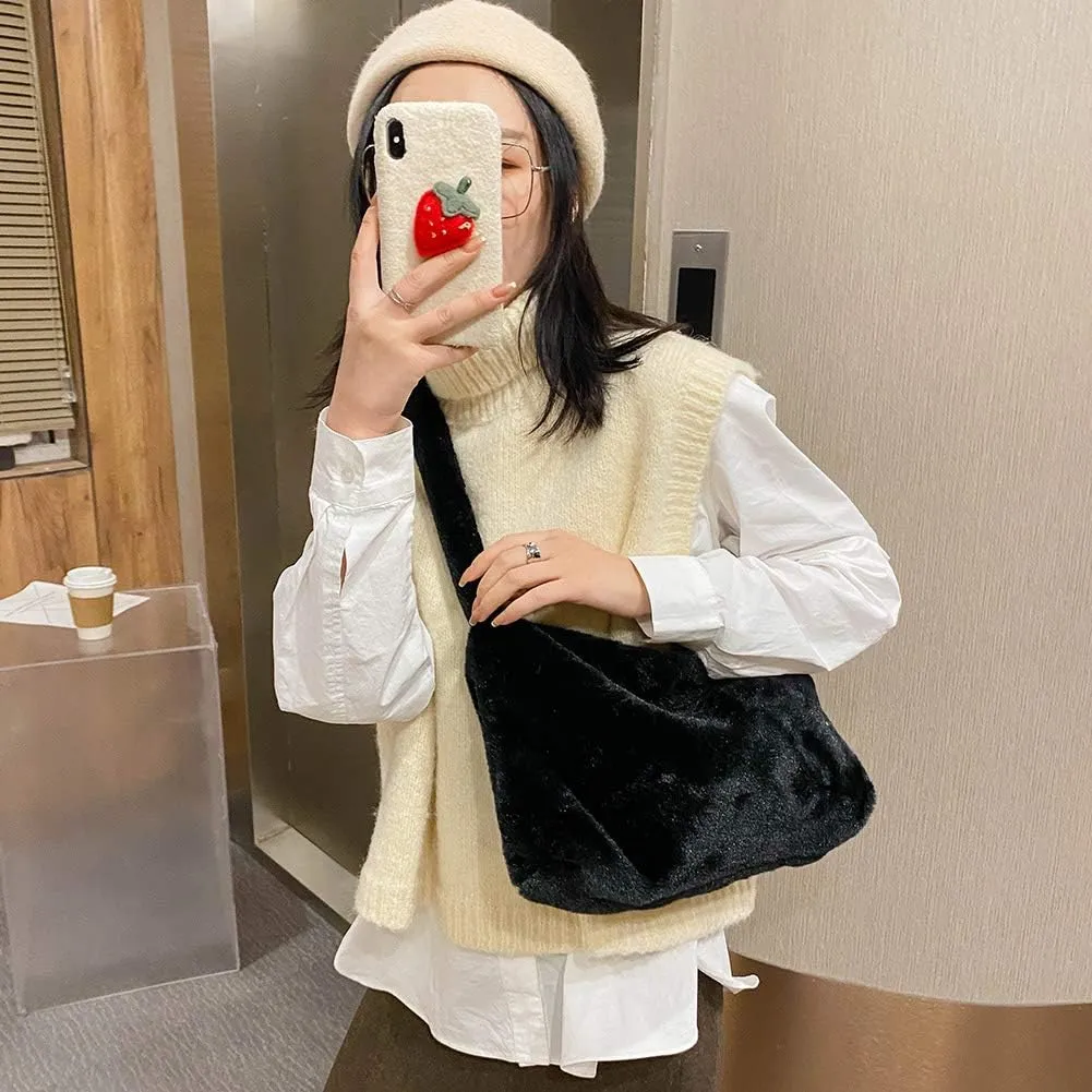 Fashion Animal Pattern Shoulder Underarm Bag Women Plush Top-handle Handbag