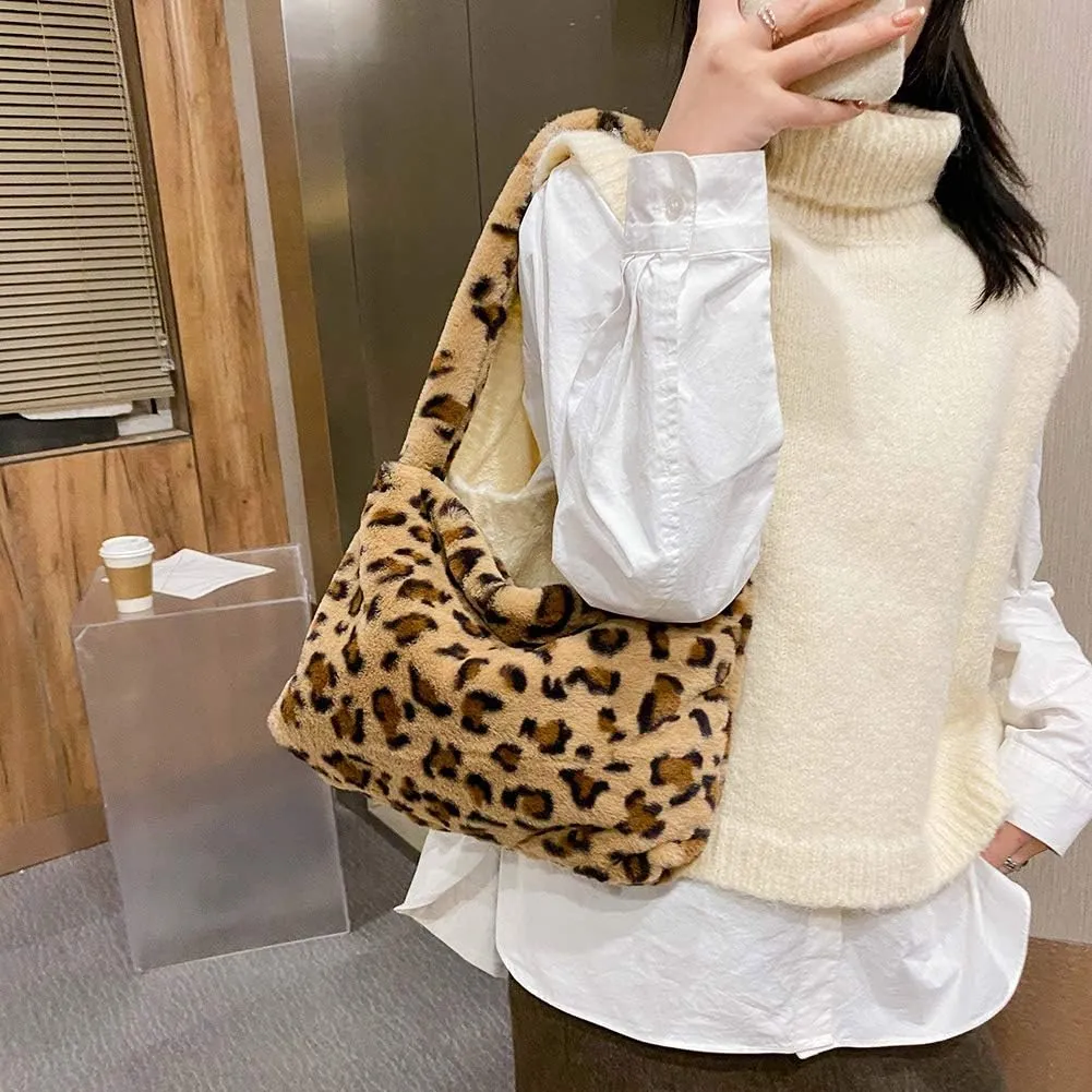 Fashion Animal Pattern Shoulder Underarm Bag Women Plush Top-handle Handbag