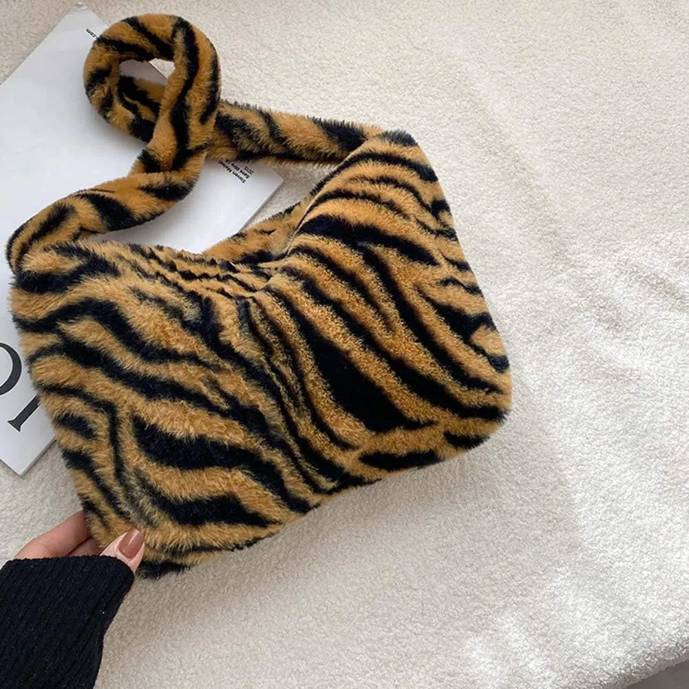 Fashion Animal Pattern Shoulder Underarm Bag Women Plush Top-handle Handbag