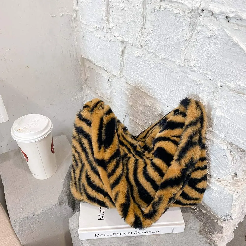 Fashion Animal Pattern Shoulder Underarm Bag Women Plush Top-handle Handbag